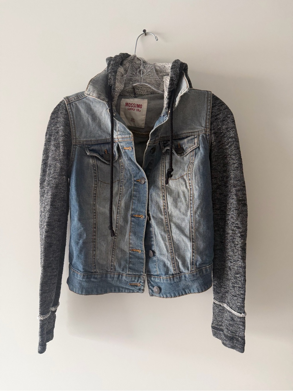 Mossimo Supply Co. Light Blue Denim Jacket with Charcoal Knit Hood & Sleeves